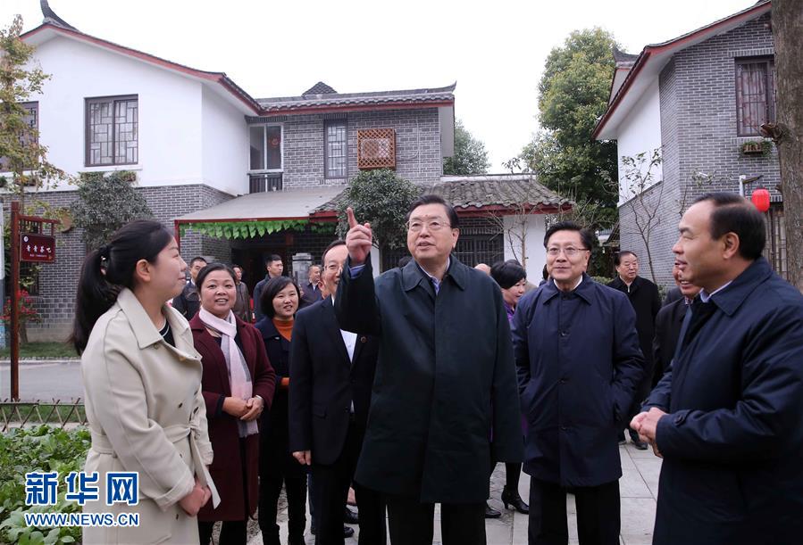 這是11月22日，張德江來(lái)到成都郫縣青杠樹(shù)村，了解村民委員會(huì)工作情況。 新華社記者 劉衛(wèi)兵 攝 