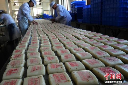 資料圖：師傅們在把制作好的桂花糖年糕擺放整齊。王思哲 攝