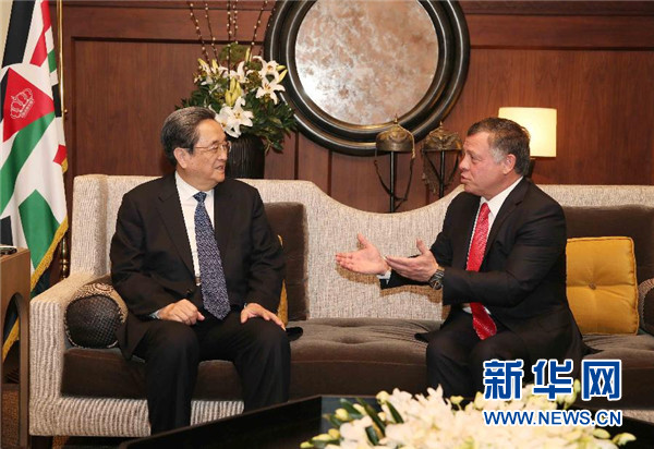 11月9日，正在約旦進行正式友好訪問的全國政協(xié)主席俞正聲在安曼會見約旦國王阿卜杜拉二世。 新華社記者 劉衛(wèi)兵 攝 
