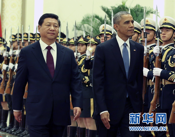 11月12日，國家主席習(xí)近平在北京人民大會(huì)堂舉行歡迎儀式，歡迎美國總統(tǒng)奧巴馬對(duì)中國進(jìn)行國事訪問。 新華社記者 龐興雷 攝